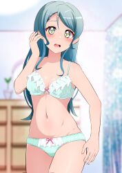 Rule 34 | 1girl, absurdres, aqua bra, aqua hair, aqua panties, bang dream!, blurry, blurry background, bow, bow bra, bow panties, bra, breasts, commentary request, commission, crotch seam, depth of field, frilled bra, frilled panties, frills, hand in own hair, highres, hikawa sayo, indoors, kisaragi setsu (mssk8485), lace, lace-trimmed panties, lace trim, long hair, looking at viewer, medium breasts, panties, partial commentary, pixiv commission, solo, standing, underwear, underwear only, yellow eyes