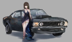 1girl absurdres breasts brown_eyes brown_hair car cleavage full_body grey_background high_heels highres large_breasts long_hair m4a1_(girls&#039;_frontline) martinreaction motor_vehicle painting_(medium) solo traditional_media