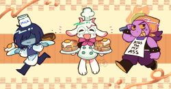 1boy 1girl 1other animal_ears apron bandana bandana_around_neck black_shirt blue_hair blue_skin blue_vest boots bracelet brown_boots chef_hat closed_eyes collared_shirt colored_sclera colored_skin colored_teeth commentary deltarune english_commentary fire food fried_egg frying_pan full_body furry furry_male glasses goat_boy goat_ears goat_horns hat highres holding holding_frying_pan holding_plate horns jewelry kris_(deltarune) long_hair official_alternate_costume orange_bandana pancake pants pink_bandana plate purple_hair purple_pants ralsei reptile_girl round_eyewear sharp_teeth shirt short_hair spiked_bracelet spikes susie_(deltarune) teeth van-arts vest white_apron white_fur white_shirt yellow_sclera yellow_teeth
