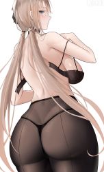 1girl ass azur_lane backboob black_bra black_choker black_panties blue_eyes bra breasts brown_pantyhose choker cowboy_shot from_behind highres huge_ass kronshtadt_(azur_lane) large_breasts larger_bmx light_brown_hair long_hair looking_at_viewer looking_back open_bra panties panties_under_pantyhose pantyhose simple_background solo twintails underwear very_long_hair white_background