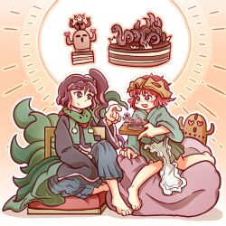 2others adagumo_no_yaorochi androgynous apron bare_legs barefoot bean_bag_chair black_eyes black_hair black_shirt black_sleeves blue_hakama blue_pants blue_shirt blue_sleeves blunt_bangs blush brown_headwear cake chair chikafumikou chocolate_cake closed_mouth commentary_request cushion emphasis_lines food frilled_apron frills full_body gradient_background green_hakama green_jacket green_scarf green_skirt hakama hakama_pants hakama_short_skirt hakama_skirt haniwa_(statue) heart heart-shaped_eyes helmet high_side_ponytail highres holding holding_tray jacket japanese_clothes katano_sukune len&#039;en light_smile long_hair long_sleeves looking_at_another multiple_others multiple_tails open_clothes open_jacket open_mouth orange_background other_focus outline pants pointing red_eyes red_hair red_scarf scarf scrunchie shadow shirt short_hair sitting skirt sleeveless sleeveless_jacket smile snake snake_tail speech_bubble tail thought_bubble toes tray valentine waist_apron white_apron white_outline white_scrunchie wide_sleeves
