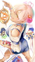 1girl 6+girls absurdres alternate_costume ass bare_shoulders blonde_hair blue_choker blue_overalls blush bracelet breasts ceres_fauna choker cleavage commentary dark-skinned_female dark_skin english_commentary from_above hair_ornament hakos_baelz highres holocouncil hololive hololive_english irys_(hololive) jewelry kaniko_(tsukumo_sana) large_breasts long_hair looking_at_viewer multiple_girls nanashi_mumei necklace ookami_mio ookami_mio_(street) ouro_kronii overall_shorts overalls planet_hair_ornament rolling_suitcase salute sandals shirt sidelocks three-quarter_sleeves smol_baelz smol_fauna smol_irys smol_kronii smol_mumei smol_sana suitcase tataki_tuna tsukumo_sana twintails two-finger_salute usaslug_(tsukumo_sana) very_long_hair virtual_youtuber white_shirt yatagarasu_(tsukumo_sana) yellow_eyes