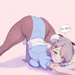 Rule 34 | 1girl, absurdres, ass, blue dress, blush, bow, bracelet, breast press, breasts, brown pantyhose, bun cover, capcom, china dress, chinese clothes, chun-li, chun-li (cosplay), cosplay, double bun, dress, green eyes, grey hair, grin, hair bow, hair bun, hair ornament, hair ribbon, hairclip, heart, highres, jack-o&#039; challenge, jewelry, korean text, looking at viewer, medium breasts, meme, pantyhose, pelvic curtain, puffy short sleeves, puffy sleeves, rapid17, ribbon, short sleeves, smile, solo, speech bubble, spiked bracelet, spikes, spoken heart, street fighter, top-down bottom-up, viichan, virtual youtuber, waktaverse