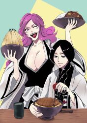 2girls anno_im black_kimono bleach breasts cleavage curry female_focus food haori highres hikifune_kirio japanese_clothes kimono large_breasts lipstick long_hair makeup matching_hair/eyes multiple_girls one_eye_closed purple_eyes purple_hair unohana_retsu white_haori wink