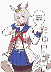 absurdres animal_ears character_request english_text grey_eyes grey_hair highres horizontal-striped_skirt horse_ears horse_girl miniskirt mirui09 navel pantyhose pleated_skirt receipt simple_background skirt speech_bubble striped_clothes striped_skirt umamusume white_background
