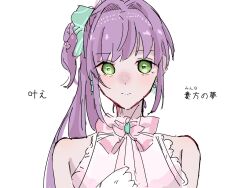 Rule 34 | 1girl, aurora flower (love live!), bare shoulders, commentary, furigana, gloves, green eyes, hair intakes, hand on own chest, hashtag-only commentary, highres, link! like! love live!, long hair, looking at viewer, love live!, neck ribbon, nonstandard furigana, official alternate costume, otomune kozue, pink ribbon, pink shirt, purple hair, ribbon, roku aya fuyu, shirt, side ponytail, sidelocks, sleeveless, sleeveless shirt, solo, straight-on, upper body, virtual youtuber, white background, white gloves