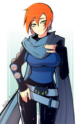 absurdres alfakronoxis belt ben_10 black_bodysuit blue_bodysuit blue_cloak bodysuit breasts cloak curvy green_eyes gwen_tennyson_(future) highres hood hooded_cloak large_breasts looking_at_viewer mature_female multicolored_bodysuit multiple_belts narrow_waist pixie_cut smile thick_thighs thighs two-tone_bodysuit wide_hips