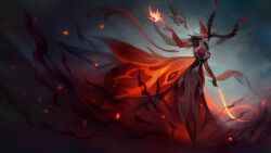1girl absurdres bare_shoulders blonde_hair breasts butterfly_mask cleavage dress eye_mask fire flaming_weapon fur_trim genshin_impact highres holding holding_weapon holding_whip large_breasts long_hair mask polinakahnum pyrokinesis red_dress signora_(crimson_witch_of_embers)_(genshin_impact) signora_(genshin_impact) solo strapless strapless_dress studded_gloves weapon whip