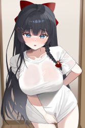 1girl absurdres arm_behind_back black_hair blue_eyes blush bow braid breasts collarbone commentary_request furrowed_brow hair_bow hair_ornament heart heart_hair_ornament highres indoors kkaennip korean_commentary large_breasts long_hair looking_at_viewer open_mouth red_bow shirayuki_hina shirt shirt_tug short_sleeves single_braid solo standing stellive teeth thighs upper_teeth_only very_long_hair virtual_youtuber white_shirt