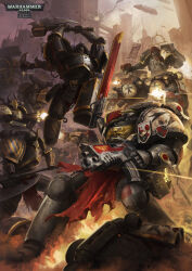 Rule 34 | 6+boys, absurdres, adeptus astartes, aquila (symbol), armor, artist name, axe, backpack, bag, battle, black templars, bolt pistol, bolter, breastplate, chainsword, chaos space marine, cityscape, copyright name, daxi4ng, dreadnought (warhammer 40k), explosion, full armor, gauntlets, helmet, highres, hood, horns, iron halo, iron warriors, jumping, laurel crown, leg armor, missile pod, multiple boys, pauldrons, power armor, projectile trail, purity sweat, shoulder armor, warhammer 40k, weapon