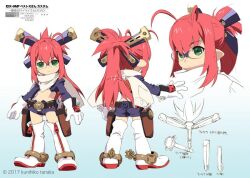 1girl 2017 antenna_hair artist_name bandana bandana_around_neck belt blue_background boots brown_belt reference_sheet closed_mouth commentary_request dated expressionless full_body glasses gloves gradient_background green_eyes hair_between_eyes headgear holster ichigeki_sacchuu!!_hoihoi-san long_hair long_sleeves midriff multiple_views official_art pest-x-san ponytail purple-framed_eyewear purple_shorts purple_shrug red_hair second-party_source shorts shrug_(clothing) sidelocks tanaka_kunihiko thigh_boots turnaround two-tone_background white_background white_bandana white_footwear white_gloves