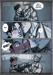0_0 2boys 4koma ^_^ alternate_costume bad_id bad_tumblr_id bara black_hair blonde_hair blush closed_eyes comic couple cris_art english_text full-face_blush grin hulkling male_focus marvel multiple_boys no_male_underwear pectorals pushing_away short_hair shy sideburns smile spot_color surprised thick_eyebrows upper_body whispering wiccan yaoi
