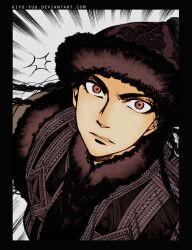 Rule 34 | 1boy, azel halgal, black hair, braid, brown coat, brown hair, coat, commentary, english commentary, facing viewer, fur-trimmed coat, fur hat, fur trim, hat, kiyu-yuu, kyrgyz clothes, long hair, looking at viewer, otoyomegatari, solo, teeth, white background