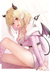 Rule 34 | 1girl, absurdres, bare shoulders, blonde hair, blush, braid, breasts, cleavage, commentary, commission, demon horns, demon tail, demon wings, fur-trimmed shirt, fur-trimmed shorts, fur trim, highres, horns, izumi kei, large breasts, long hair, long sleeves, looking at viewer, off-shoulder shirt, off shoulder, original, pink shirt, pink shorts, red eyes, shirt, shorts, sitting, skeb commission, smile, solo, tail, twin braids, wings
