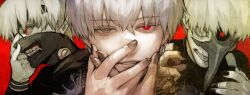 1boy black_nails black_sclera colored_sclera evil_grin evil_smile eyepatch flesh grey_eyes grin heterochromia highres kagune_(tokyo_ghoul) kaneki_ken leather_mask lips looking_at_viewer male_focus mask mismatched_sclera no_pupils parted_lips red_background red_eyes shadow shirt short_hair smile solo stfr_(stfr_kaz) teeth tokyo_ghoul white_hair zipper zipper_pull_tab