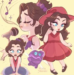 Rule 34 | 1girl, aged down, blue eyes, brown hair, brunnette, donkey kong (series), dress, dress shirt, freckles, hair bun, hair ornament, hat, highres, lipstick, long hair, makeup, mario (series), microphone, multiple views, music, musical note, nintendo, pauline (mario), red dress, shirt, short hair, singing, young pauline (character)