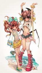 2girls absurdres bikini bow bracelet breasts crop_top cutoffs denim denim_shorts flower hair_bow hair_flower hair_ornament highres jewelry multiple_girls one-piece_swimsuit original sandals shorts skirt swimsuit thighhighs uchuunin underboob