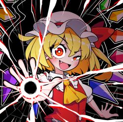 1girl ascot black_background blonde_hair breaking crystal crystal_wings fang flandre_scarlet hat highres looking_at_viewer mob_cap open_mouth puffy_sleeves red_eyes red_vest short_sleeves simple_background solidus_(sword_cube) solo touhou upper_body vest wings yellow_ascot