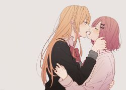 2girls absurdres after_kiss amaori_renako black_sweater blonde_hair bow bowtie braid closed_eyes collared_shirt grey_background hand_in_another&#039;s_hair hand_on_another&#039;s_back hashtag-only_commentary highres imminent_kiss kikouma1098 long_sleeves medium_hair multiple_girls open_mouth ouzuka_mai pink_hair pink_shirt red_bow red_bowtie saliva saliva_trail shirt side_braid simple_background sweater switch upper_body watashi_ga_koibito_ni_nareru_wake_naijan_murimuri! yuri