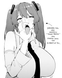 1girl alternate_breast_size blush breasts collared_shirt detached_sleeves english_text fellatio_gesture greyscale hair_between_eyes hair_ornament hatsune_miku highres huge_breasts long_hair looking_at_viewer monochrome necktie ohasi open_mouth shirt simple_background sleeveless sleeveless_shirt solo tongue tongue_out twintails upper_body vocaloid