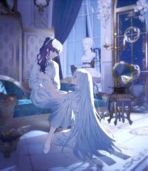 2girls absurdres asahina_mafuyu blue_eyes bust_(sculpture) candlestand couch dress glass_door hashtag-only_commentary highres indoors kneeling long_hair looking_at_another multiple_girls muntins naha_(1117_71) night night_sky phonograph ponytail project_sekai purple_eyes purple_hair sidelocks sitting sky star_(sky) starry_sky tile_floor tiles very_long_hair white_dress white_footwear white_hair window yoisaki_kanade