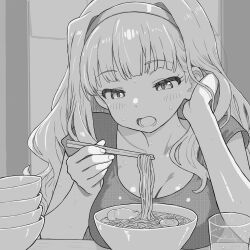 1girl arm_behind_head bowl_stack breasts chopsticks cleavage collarbone cup drinking_glass eating egg_(food) food greyscale hairband highres holding holding_chopsticks hues_sunk idolmaster idolmaster_(classic) large_breasts long_hair monochrome noodles open_mouth ramen shijou_takane shirt short_sleeves solo tucking_hair