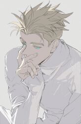 1boy arm_up blonde_hair blue_eyes citronplanet closed_mouth commentary_request hand_on_own_face highres korean_commentary long_sleeves looking_to_the_side male_focus millions_knives shirt short_hair short_sleeves simple_background sleeves_past_wrists solo trigun trigun_stampede upper_body white_background white_shirt white_theme