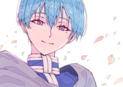 artdroiiid_ii blue_hair blue_shirt closed_mouth commentary english_commentary eyelashes falling_petals from_below grey_cloak hair_between_eyes highres himmel_(sousou_no_frieren) long_bangs looking_at_viewer mole mole_under_eye petals profile shirt short_hair simple_background smile sousou_no_frieren split_mouth white_background wispy_bangs