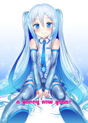 1girl blue_eyes blue_hair blue_nails blue_thighhighs blush detached_sleeves female_focus gradient_background hatsune_miku highres hisasi long_hair matching_hair/eyes nail_polish necktie new_year skirt snowflakes solo thighhighs twintails very_long_hair vocaloid yamaha yuki_miku