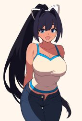 1girl absurdres alternate_color alternate_skin_color black_hair blue_eyes bojack198 breasts cleavage collarbone crop_top dark-skinned_female dark_skin hair_intakes hair_ribbon highres large_breasts long_hair looking_at_viewer midriff open_fly palette_swap pants player_2 ponytail ribbon solo under_night_in-birth very_long_hair yuzuriha_(under_night_in-birth)