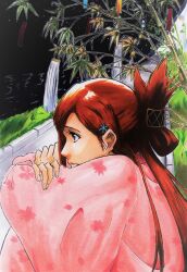 Rule 34 | 1girl, alpen no koyari, alternate costume, alternate hairstyle, bamboo, bleach, brown eyes, brown hair, closed mouth, commentary request, crossed arms, floral print, floral print kimono, folded ponytail, from side, frown, hair behind ear, hair between eyes, hair ornament, hairpin, half updo, highres, inoue orihime, japanese clothes, kimono, kubo tite (style), long hair, long sleeves, looking ahead, name connection, night, nose, official style, outdoors, outline, pink kimono, print kimono, profile, solo, tanabata, tanzaku, tareme, upper body, white outline, wide sleeves