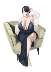1girl absurdres barefoot black_dress black_hair blush boa breasts brown_eyes chair cleavage dress hair_bun hair_over_one_eye hand_in_own_hair highres huge_breasts lips mature_female one_eye_covered original plump single_hair_bun sitting solo thick_thighs thighs tnr_(horiko1525) white_background