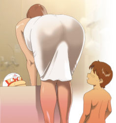 0_0 1girl 2boys age_difference artist_request ass bathtub bent_over blush brown_hair clothed_female_nude_male faceless faceless_male from_behind height_difference hetero highres huge_ass indoors leaning_forward looking_up mask mature_female multiple_boys naked_towel nappii_(nappy_happy) nude shiny_skin shota steam sweatdrop tagme towel voyeurism