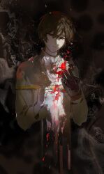 Rule 34 | 1boy, absurdres, brown eyes, brown gloves, brown hair, capelet, chinese commentary, closed mouth, commentary request, expressionless, fire, gloves, gold trim, hair between eyes, hands up, heibaihuabing, highres, jabuchi you, long sleeves, male focus, melting, red fire, saibou shinkyoku, shirt, short hair, single glove, solo, white capelet, white shirt