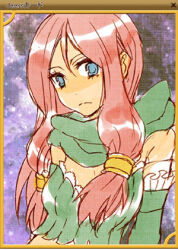 1girl bad_id blue_eyes border breasts card_(medium) closed_mouth commentary_request elbow_gloves expressionless gloves green_gloves green_scarf green_tube_top lala_(sputnik) long_hair looking_at_viewer lowres medium_breasts pink_hair purple_background ragnarok_online ranger_(ragnarok_online) scarf solo strapless tube_top upper_body