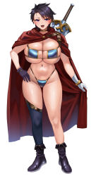 Rule 34 | 1girl, absurdres, armor, asymmetrical legwear, bikini, bikini armor, blue eyes, blush, boots, breasts, cape, commission, elbow gloves, eyepatch bikini, full body, gloves, hand on own hip, highleg, highleg bikini, highres, huge breasts, kisaragi tsurugi, looking at viewer, micro bikini, mismatched legwear, navel, open mouth, original, pixiv commission, purple eyes, red cape, simple background, single thighhigh, skindentation, smile, solo, standing, swimsuit, sword, thighhighs, thighs, tomboy, warrior, weapon, white background