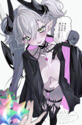 1girl absurdres black_hands black_panties blush boots breasts colored_extremities demon_wings fate/grand_order fate_(series) green_eyes hand_up highres horns lilith_(fate) long_hair looking_at_viewer open_mouth panties pointy_ears saint_quartz_(fate) sisila_neco smile solo_focus thigh_boots topless_female twintails underwear white_background wings