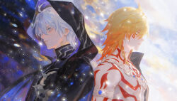 2boys antenna_hair arm_tattoo armlet back-to-back bare_pectorals black_cloak black_coat blonde_hair blue_eyes braid chest_tattoo chinese_commentary cloak coat commentary_request from_side gold_necklace gradient_hair hair_between_eyes honkai:_star_rail honkai_(series) hood hood_up hooded_cloak jewelry limboooo male_focus medium_hair multicolored_hair multiple_boys mydei_(honkai:_star_rail) necklace open_clothes open_coat pectorals phainon_(honkai:_star_rail) profile red_hair red_tattoo short_hair side_braid tattoo toned toned_male upper_body white_hair yellow_eyes