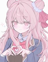 Rule 34 | 1girl, ahoge, bow, bowtie, closed mouth, double bun, hair bun, hair ribbon, happy sugar life, heart, heart hands, highres, long hair, matsuzaka satou, pink bow, pink bowtie, pink eyes, pink hair, pink ribbon, ribbon, school uniform, shirt, solo, tea 0je, upper body, white background, white shirt