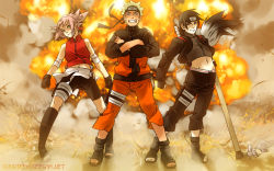 1girl 2boys black_hair blonde_hair blue_eyes crossed_arms explosion forehead_protector green_eyes grin haruno_sakura midriff multiple_boys naruto_(series) naruto_shippuuden pink_hair sai short_hair shuriken_(artist) smile standing team_7_(naruto) toes uzumaki_naruto