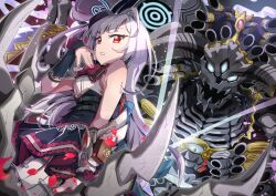 Rule 34 | 1girl, absurdres, anisakisu, black gloves, black skirt, bow, bowtie, duel masters, duel masters play&#039;s, frilled skirt, frills, giant, giant monster, gloves, grey hair, highres, long hair, luca (duel masters), nail polish, one side up, petals, pink nails, red bow, red bowtie, red eyes, shirt, skirt, skull, sleeveless, sleeveless shirt, very long hair, white shirt
