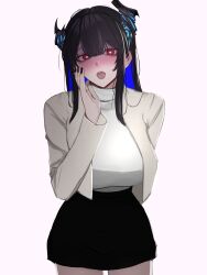 Rule 34 | 1girl, absurdres, asymmetrical horns, black hair, black horns, black nails, black skirt, blue hair, breasts, heart, heart-shaped pupils, highres, hololive, hololive english, horns, jacket, large breasts, long hair, looking at viewer, miniskirt, nerissa ravencroft, open mouth, purple eyes, skirt, soju ice, solo, sweater, symbol-shaped pupils, virtual youtuber, white jacket, white sweater