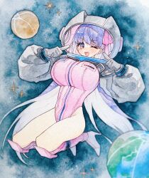 1girl ;d absurdres bb_(fate) bb_cosmo_(fate) boots breasts earth_(planet) fate/grand_order fate_(series) full_body gloves grey_gloves grey_sleeves hair_ribbon helmet high_heel_boots high_heels highleg highleg_leotard highres huge_breasts index_fingers_raised knee_boots leotard long_hair long_sleeves looking_at_viewer one_eye_closed open_mouth painting_(medium) pink_boots pink_leotard pink_ribbon planet puffy_long_sleeves puffy_sleeves purple_eyes purple_hair ribbon shrug_(clothing) smile solo space space_helmet star_(sky) traditional_media utsu_(utu_xx) very_long_hair watercolor_(medium) zipper