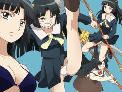 Rule 34 | angry, bare shoulders, bikini, black hair, blue background, blue eyes, breasts, cleavage, clenched teeth, hair ornament, kyoukai no rinne, long hair, open mouth, panties, school uniform, scythe, shima renge, skirt, socks, swimsuit, teeth, underwear, weapon