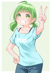 Rule 34 | 1girl, ahoge, blue pants, blue shirt, border, collarbone, denim, green background, green eyes, green hair, hand on own hip, jeans, looking at viewer, original, outside border, pants, print shirt, shirt, simple background, smile, solo, standing, teeth, twintails, v, white border, yamanaka kouji (yanchiki2001)