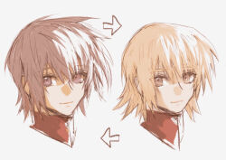 Rule 34 | 1boy, 1girl, blonde hair, brother and sister, brown eyes, cagalli yula athha, gundam, gundam seed, highres, kira yamato, looking at viewer, portrait, she (morianosu), short hair, siblings, simple background, smile, white background