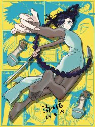 1girl black_hair braid chinese_clothes feet green_eyes highres long_hair looking_at_viewer pantyhose scissor_seven shoes short_sword soles sword tangerhua thirteen_(scissor_seven) unworn_shoes weapon