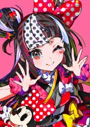1girl ;) asymmetrical_bangs ben-day_dots black_hair blue_eyes blunt_ends bow breasts closed_mouth commentary_request company_name copyright_notice disney double_bun dress facial_tattoo green_hair hair_bow hair_bun hands_up highres long_hair looking_at_viewer mickey_mouse_&amp;_friends mika_pikazo minnie_mouse multicolored_hair multiple_hair_bows official_art one_eye_closed open_hands original pink_background pink_scrunchie polka_dot polka_dot_bow polka_dot_hair red_bow red_dress screentones scrunchie small_breasts smile solo tattoo two_side_up upper_body white_hair wrist_scrunchie yellow_bow