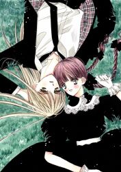 2girls black_dress blonde_hair braid dress hand_on_own_head highres long_hair lying multiple_girls necktie nui_nakato on_grass original red_hair shirt smile twin_braids upside-down