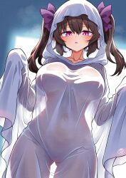 1girl bed_sheet bow breasts brown_hair collarbone commentary_request cowboy_shot ghost_costume ghost_pose hair_bow highres himekaidou_hatate large_breasts long_hair looking_at_viewer naked_sheet parted_lips purple_bow purple_eyes scavia10 see-through_clothes see-through_silhouette silhouette solo touhou twintails
